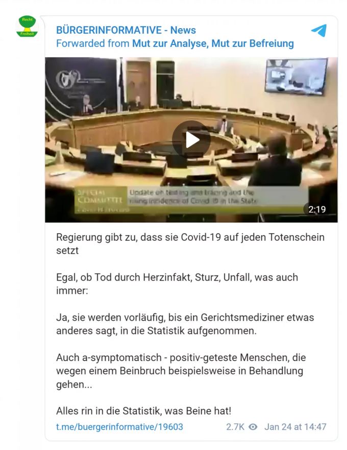 Via die Social-Media-Platform «Telegram» wird unter anderem ein Video verbreitet, das beweisen soll, wie bei der Coronavirus-Todesfallstatistik geschummelt wird. Totenschein Coronavirus Covid