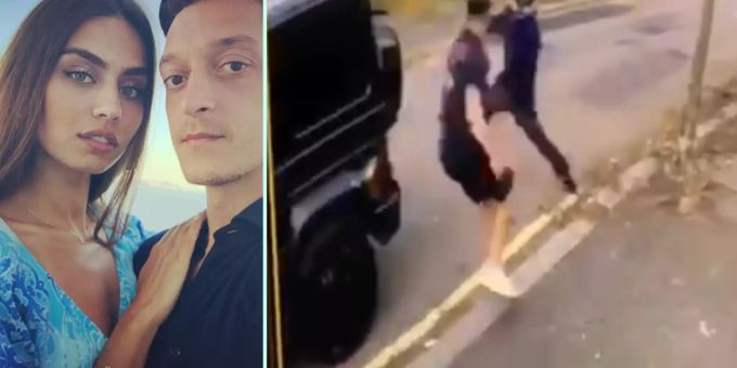 Links: Mesut Özil mit seiner Frau Amine Gülse. Rechts: Videoaufnahmen vom Überfall auf Özil und Kolasinac. Mesut Özil