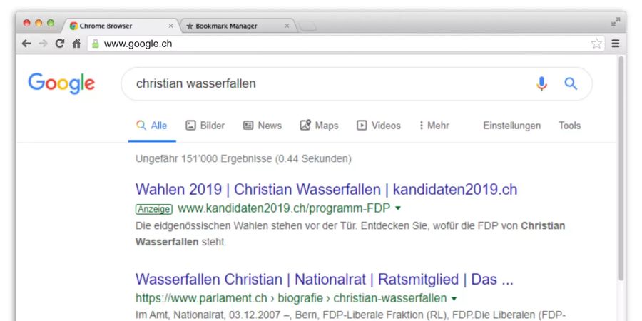 Erster Treffer bei Google nach dem Namen Christian Wasserfallen, Nationalrat FDP, ist kanidaten2019.ch.