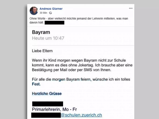 Screenshot von Glarners Facebook-Post. Im Nachhinein hat er die Nummer der Lehrerin verpixelt. glarner