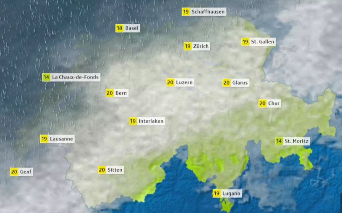 Das Wetter am Samstag, 11 Uhr. Von Westen her zieht Regen über die Schweiz. Wetter Samstag
