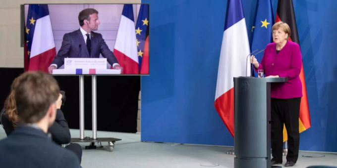 Angela Merkel und Emmanuel Macron wollen für den Wiederaufbau der Wirtschaft ein Hilfspaket von 500 Milliarden Euro sprechen. merkel macron