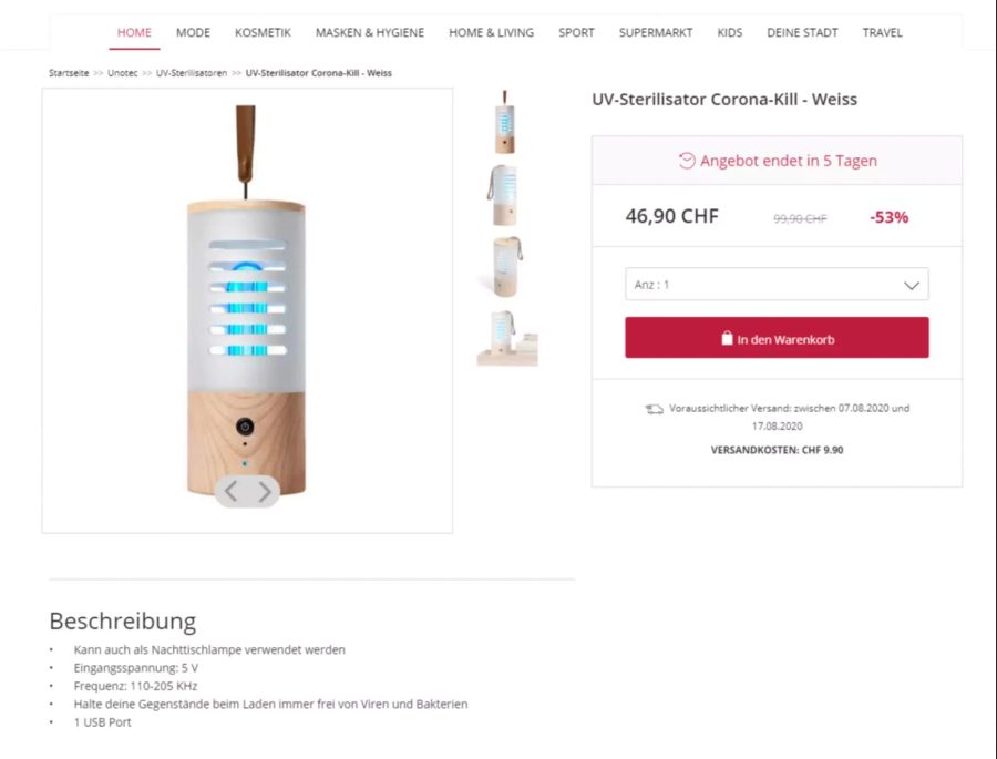 Beim Onlinehändler DeinDeal gibt es sogar eine UV-Bettlampe für 46,90 statt 99,99 Franken.