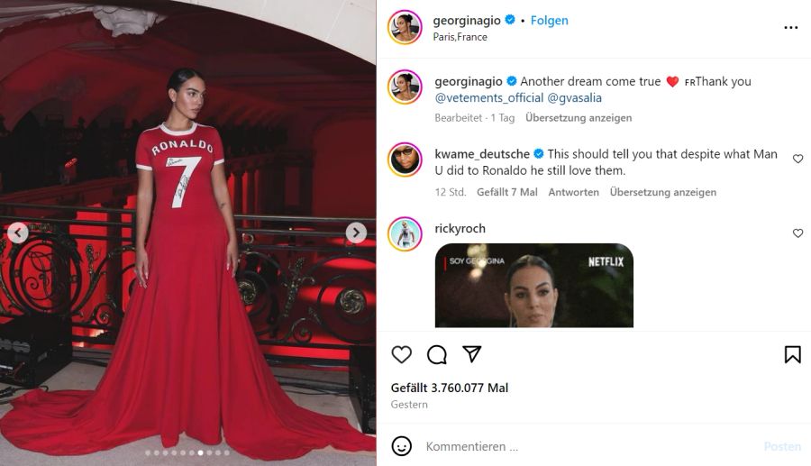 Georgina Rodriguez sorgt an der Pariser Fashion Week in einem knallroten Ronaldo-Kleid für Aufsehen