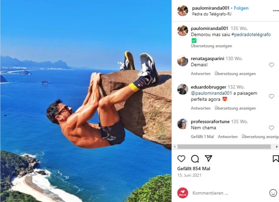 Bloss nicht loslassen! Keine Panik – der Felsen von «Pedra do Telégrafo» in Rio de Janeiro, Brasilien, befindet sich in Wahrheit nur einige Zentimeter über dem Boden.