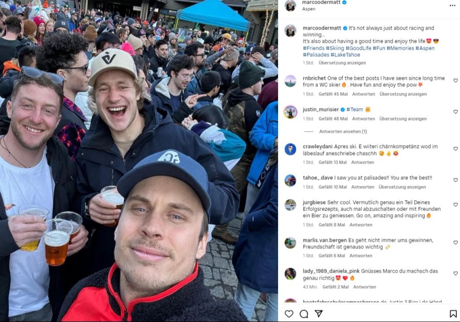 Justin Murisier und Marco Odermatt werden von Gino Caviezel geknipst. Prost!