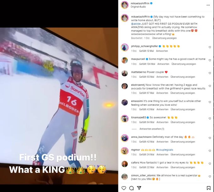 Mikaela Shiffrin freut sich über den Erfolg von Schatz Aleksander Kilde. Mikaela Shiffrin