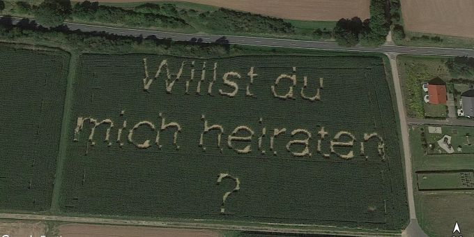 «Willst Du mich heiraten ?», steht auf einem Feld. Mit Hilfe einer Sähmaschine hat ein Mann aus dem hessischen Hüttenberg den Schriftzug in den Acker geschrieben. Heiratsantrag