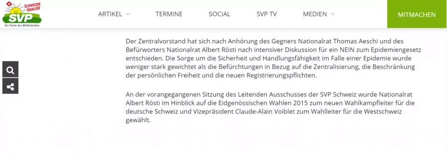 Ein Ausschnitt aus der Medienmitteilung der SVP Schweiz aus dem Jahr 2013, in der sie das Nein zum Epidemiengesetz erklärt.