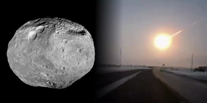 Dass ein Asteroid wirklich auf die Erde trifft, wie 2013 über Tscheljabinsk (rechts), passiert nur alle 100 Jahre. Asteroid