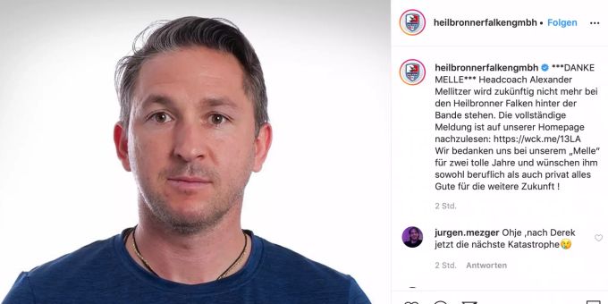 Die Heilbronner Falken verabschieden auf Instagram ihren Trainer Alexander Mellitzer. Heilbronner Falken Trainer