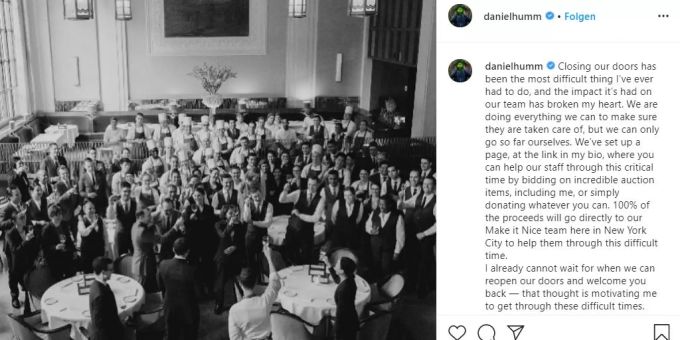 Auch der New Yorker Koch Daniel Humm musste wegen der Corona-Krise die Türen seines Restaurants schliessen. daniel humm