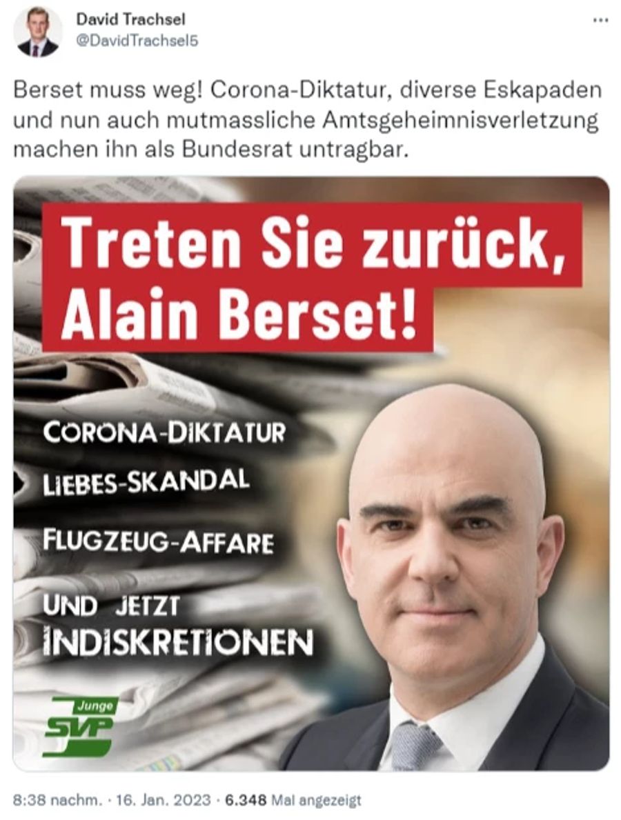 JSVP-Präsident David Trachsel verlangt den Rücktritt von Alain Berset.