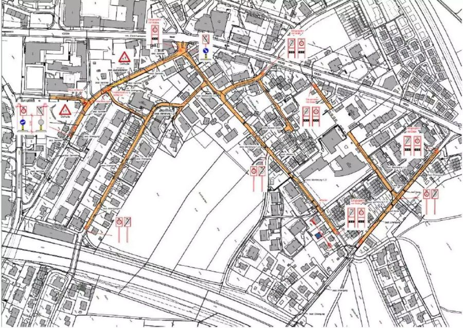 Um die Verkehrssituation und Sicherheit zu verbessern, sollen die nachstehenden Strassen zu Tempo 30-Zonen werden (orange markiert)