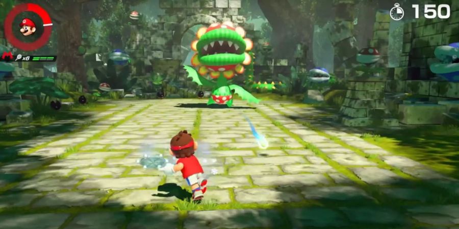 Aufschlag im Dschungel: Super Mario im Duell mit Grusel-Pflanze Petey Piranha.