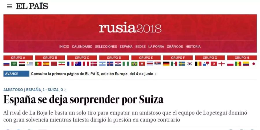 «El Pais» ist mit einer Auflage von 450'000 Exemplaren die grösste Tageszeitung Spaniens. Das Blatt berichtet darüber, dass ihre Nationalelf mit einem B-Team antritt und die Abwesenheiten von Isco, Ramos, Carvajal und Busquets das Resultat rechtfertigen würden.