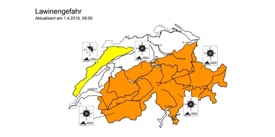 Das aktuelle Lawinenbulletin für Sonntag, 1. April warnt vor erheblicher Lawinengefahr im ganzen Alpenraum.