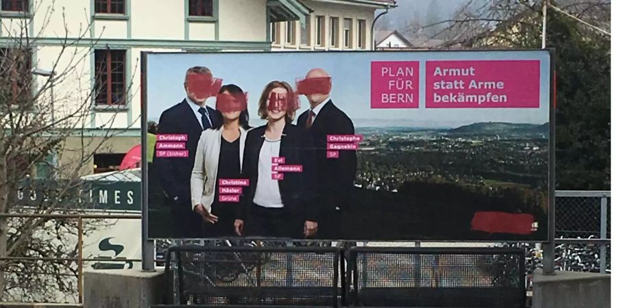 Auch Plakate der linken Regierungsratskandidaten hatte der Demokratie-Hasser im Visier.