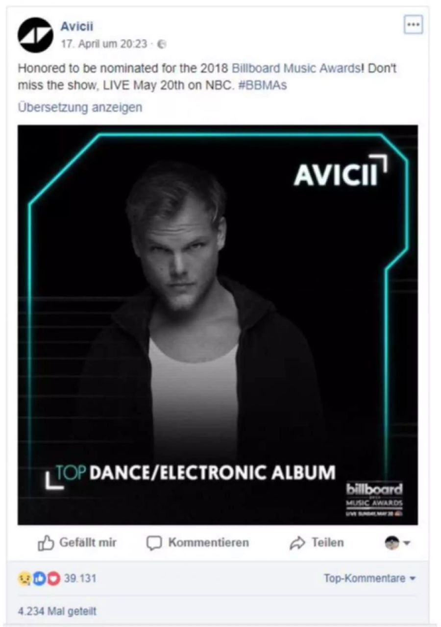 Avicii war für die Billboard Music Awards 2018 nominiert.