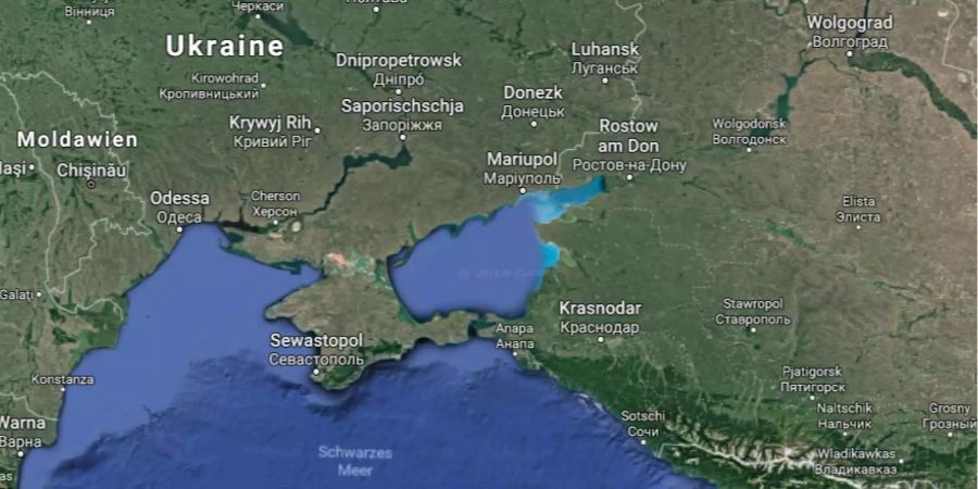 Die Ukraine mit ihren wichtigen Hafenstädten Odessa (am Schwarzen Meer) und Mariupol am Asowschen Meer. Die Zufahrt ins Asowsche Meer wird für die Ukraine durch russische Kontrollen erschwert.