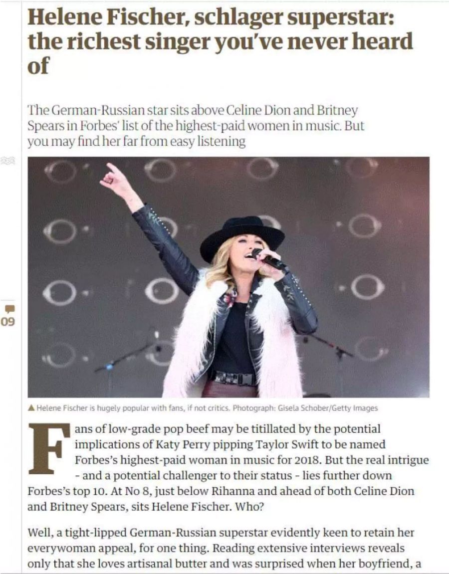 Ein Artikel über Helene Fischer im «Guardian».