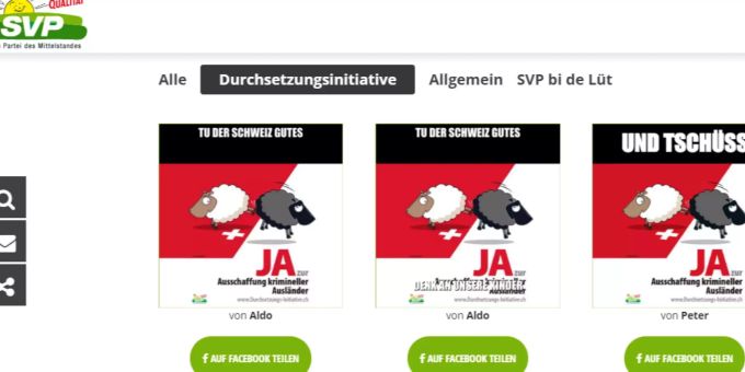 Ausschnitt der SVP-Homepage: Hier können Bilder geteilt werden (die SVP nennt sie Memes), unter anderem weiterhin auch mit den Schafen der Kampagne von 2007. Ausschnitt der SVP-Homepage: Hier können Bilder geteilt werden (die SVP nennt sie Memes), unter anderem weiterhin auch mit den Schafen der Kampagne von 2007.