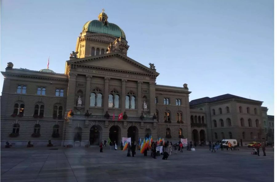 Demonstranten protestieren bereits um 8 Uhr am Mittwochmorgen auf dem Bundesplatz in Bern gegen den Waffenexport.