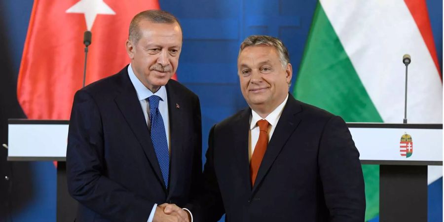 Der türkische Präsident Recep Tayyip Erdogan und der ungarische Ministerpräsident Viktor Orban schütteln sich in Budapest die Hand.