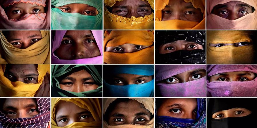 Diese Kombo zeigt Porträts von einigen der muslimischen Rohingya-Frauen, die während eines Interviews mit der Agentur AP im November 2017 in Kutupalong und dem Flüchtlingslager Gundum in Bangladesch aufgenommen wurden.