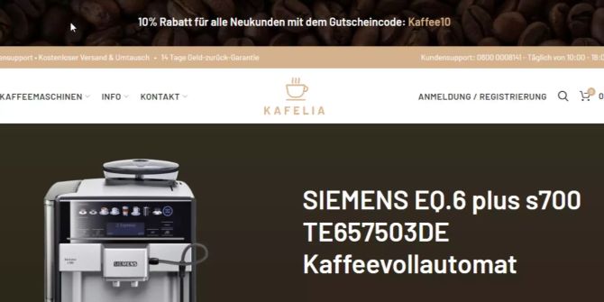 Screenshot zeigt die Seite Kafelia.de