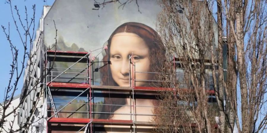 Das Berliner Künstlerkollektiv Die Dixons hat zusammen mit den Künstlern Tank, Weisse Seite und FIX77, ein Replikat von Da Vincis Mona Lisa in einer Grösse von 16,30 und 10,60 Metern an die Brandwand eines Hotels in der Mühlenstrasse gegenüber der East Side Gallery gemalt. Foto: Annette Riedl