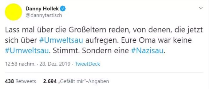 Der WDR-Mitarbeiter Danny Hollek sorgte mit einem Tweet noch für viel mehr Empörung. Umweltsau