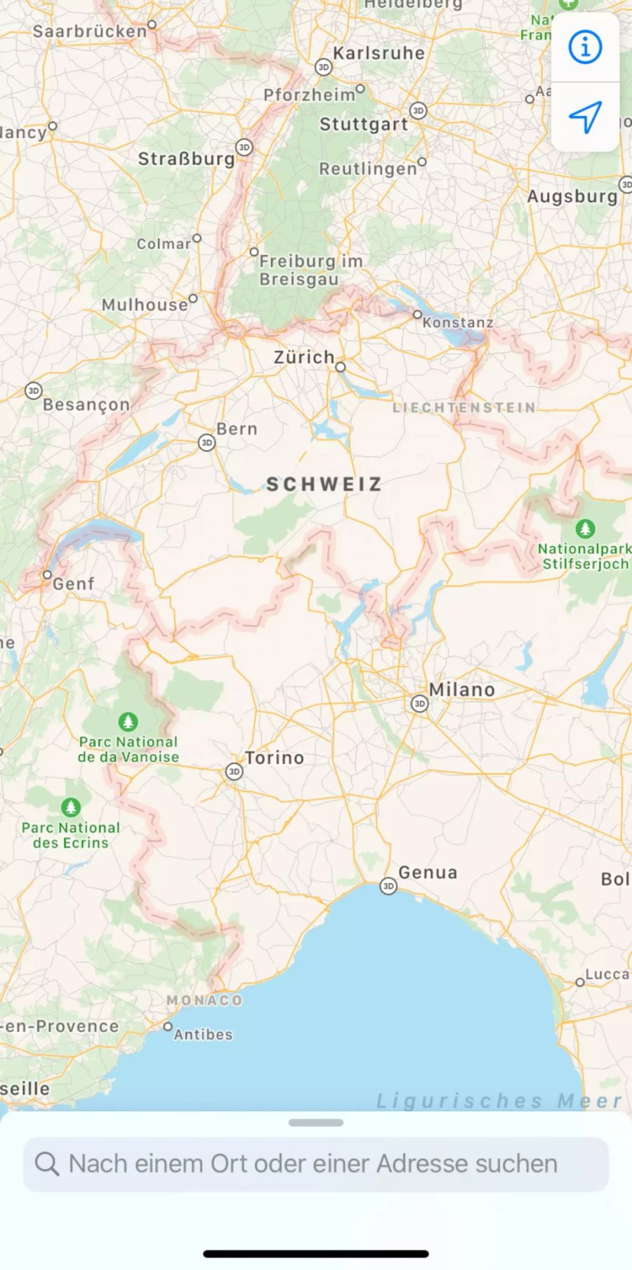 Eine App als Beispiel: Screenshot aus Apple Maps ohne Dunkelmodus.