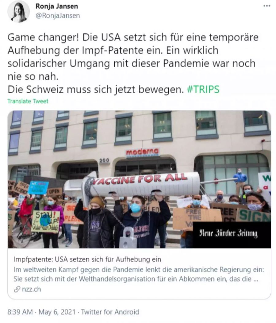 Ronja Jansen, Präsidentin der Juso, spricht von einem «Game changer!» bei der Aufhebung der Corona-Impf-Patente.