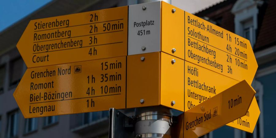 Wegweiser am Postplatz in Grenchen.