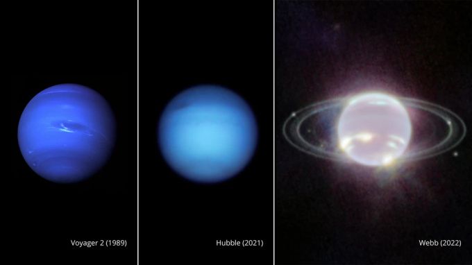 Deutlicher klarer: Drei Bilder zeigen die Neptun-Aufnahmen von Voyager 2, Hubble und James Webb. Neptun