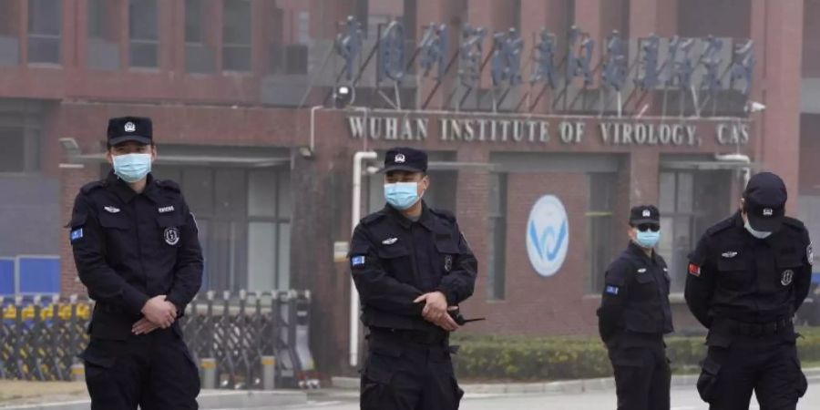 Sicherheitspersonen stehen vor dem Eingang des Wuhan Instituts für Virologie (WIV. (Archivbild). Foto: Ng Han Guan/AP/dpa