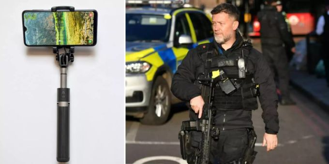 Wegen eines Selfie-Sticks war die Polizei in England mit einem Grossaufgebot am Start. Polizei Selfiestick Biernews Schrotflinte