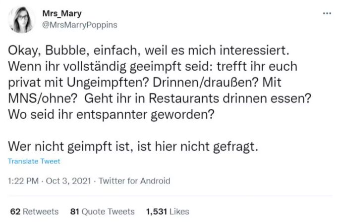 Eine Twitter-Userin will von ihren Followern wissen, ob sie sich mit Ungeimpften treffen. Coronavirus Twitter