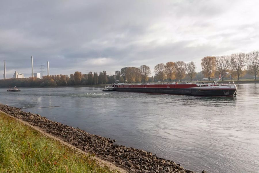 Zwei Schiffe haben sich auf dem Rhein bei Hagenbach in Rheinland-Pfalz festgefahren am 26.10.2021.