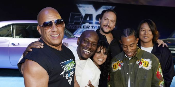 Vin Diesel, Tyrese Gibson, Michelle Rodriguez, Louis Leterrier, Chris «Ludacris» Bridges und Sung Kang posieren bei der Vorstellung des Trailers von «Fast X». LA Trailer Launch of "Fast X"