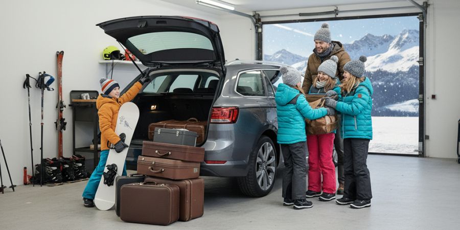Garage, Alpen, Kombi, Familie, Urlaub