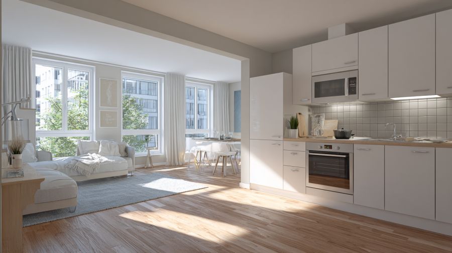 Die offene Küche ist in Wohnungen oft anzutreffen. Hinweis: Dieses Bild entstand durch newhome unter Verwendung von KI.