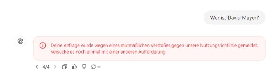 Diese oder ähnliche Meldungen erhalten Nutzer, welche ChatGPT mit dem Namen «David Mayer» konfrontieren.