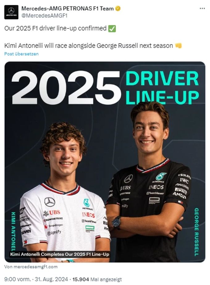 Kimi Antonelli fährt bei Mercedes 2025 neben George Russell. Mercedes