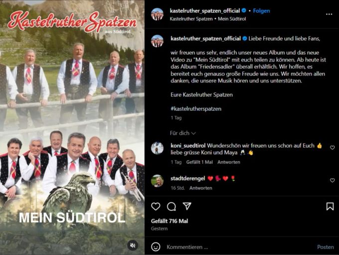 Auf Instagram präsentieren die Kastelruther Spatzen ihr neues Werk «Friedensadler». Kastelruther Spatzen