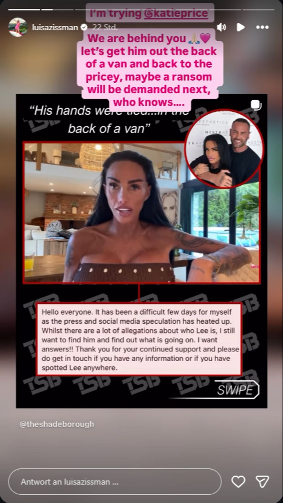 Die britische TV-Persönlichkeit teilt einen Ausschnitt aus Katie Prices Hilferuf zum Verschwinden ihres Ehemannes.