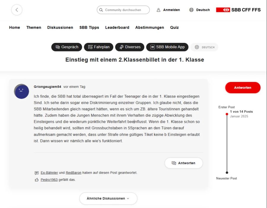 Dieser Nutzer wirft der SBB – die er offenbar mit der Zentralbahn verwechselt – Altersdiskriminierung vor.