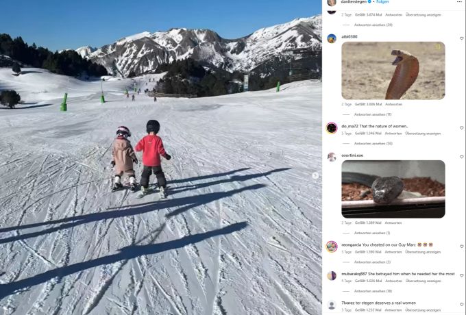 Unter einem Ski-Bild mit ihren Söhnen wird Daniela ter Stegen x-fach massiv beleidigt. dani ter stegen