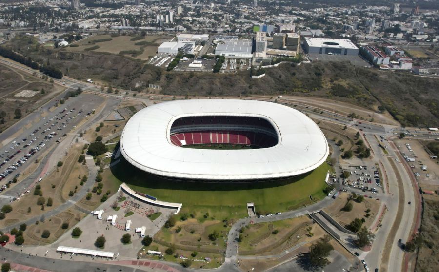 Luftaufnahme des Akron-Stadions, einem der Austragungsorte der bevorstehenden Fifa-Weltmeisterschaft, in Guadalajara, Mexiko, 1. März 2026.